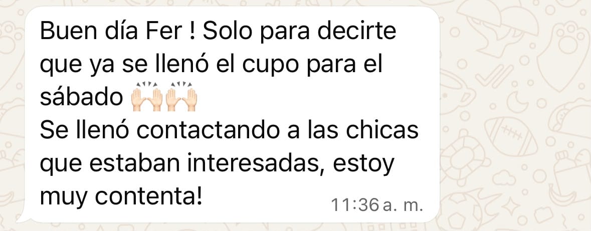 Mensaje de WhatsApp de Kenia contando que llenó el cupo de su lanzamiento